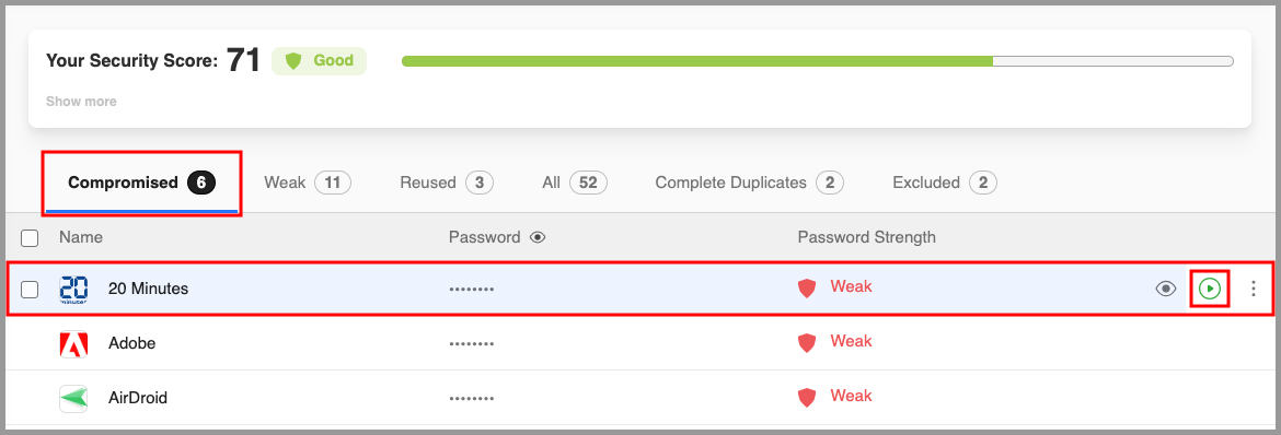 the compromised passwords tab in the Security Center on the Start Page.