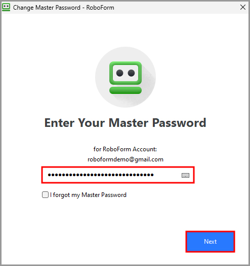 the Master Password being input to confirm the password change.