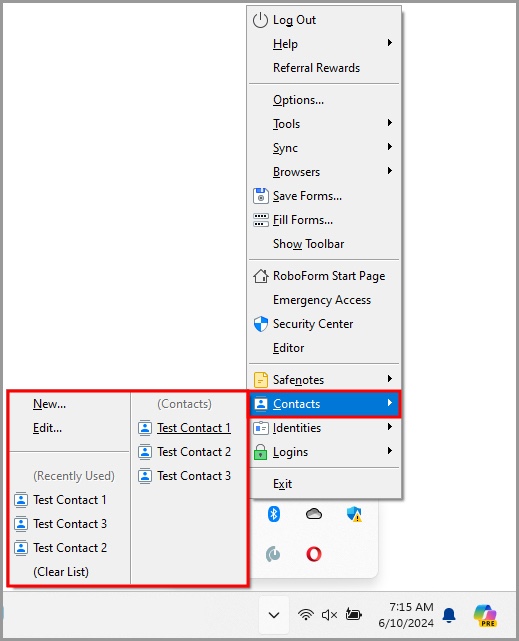  the Contacts menu in the RoboForm taskbar icon’s menu.