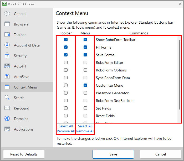 the Context Menu tab in RoboForm Options.