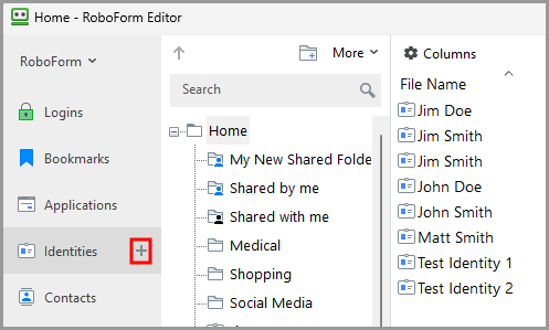  the Create New Identity button in the RoboForm editor