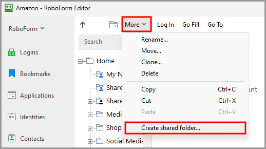 showing how to create a shared folder in the RoboForm editor.