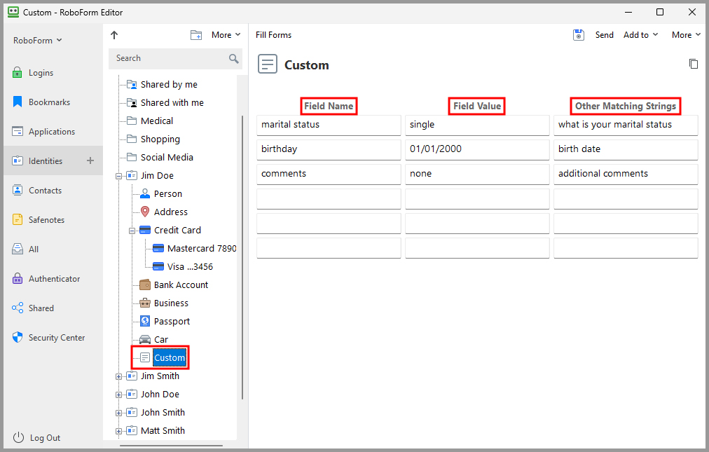 Custom Fields in the RoboForm editor.