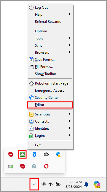 the option to open the RoboForm editor from the taskbar icon.