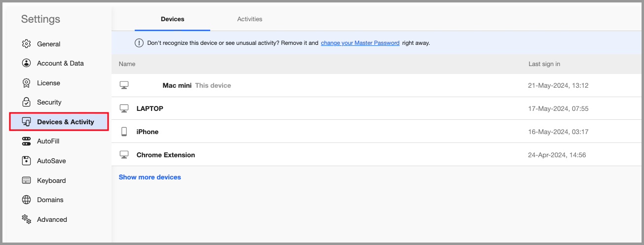 the Devices & Activity tab in the RoboForm Extension Settings menu.