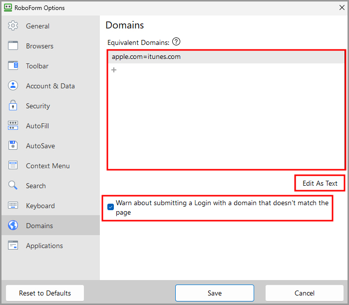 the Domains tab in RoboForm Options.