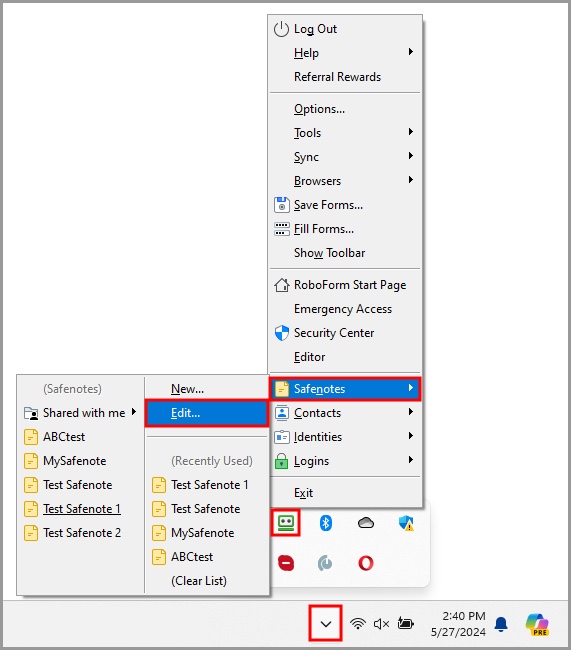  the option to open the RoboForm editor through other RoboForm data item menus.