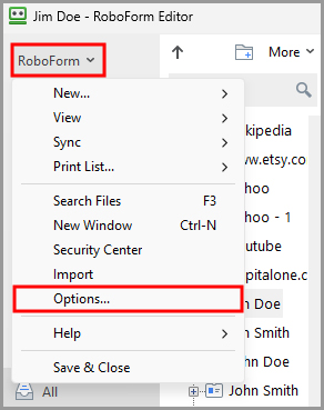 showing how to access Options from the RoboForm menu in the RoboForm editor.