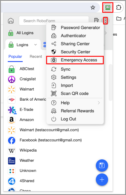 showing how to navigate to Emergency Access from the RoboForm extension.