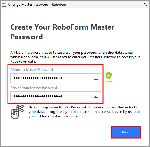 new Master Password being created.