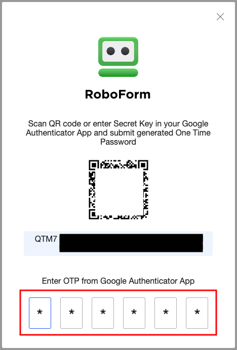 the six digit key being entered into roboform.