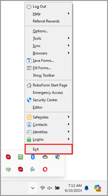 the Exit option in the RoboForm taskbar icon’s menu