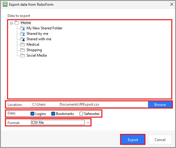 the Export data from RoboForm window.