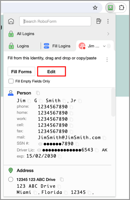 Identity edit button in the RoboForm extension