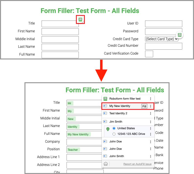 the RoboForm AutoFill dialog.