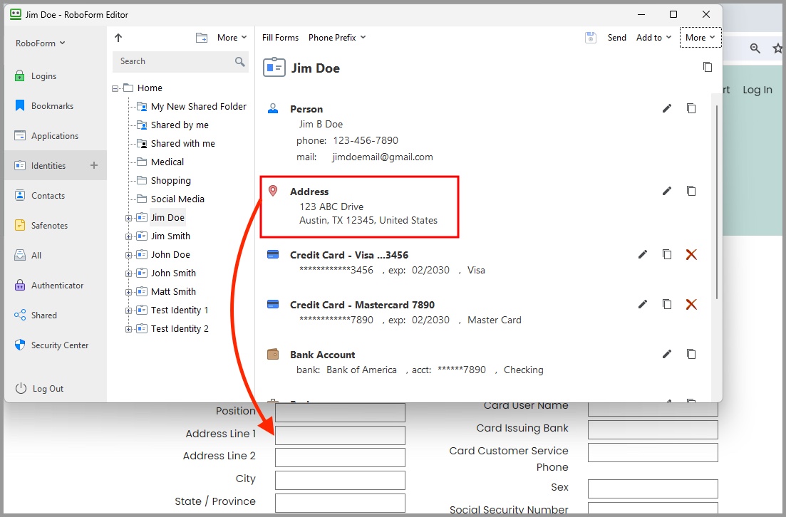 showing how to drag and drop information from an Identity in the RoboForm editor into a form