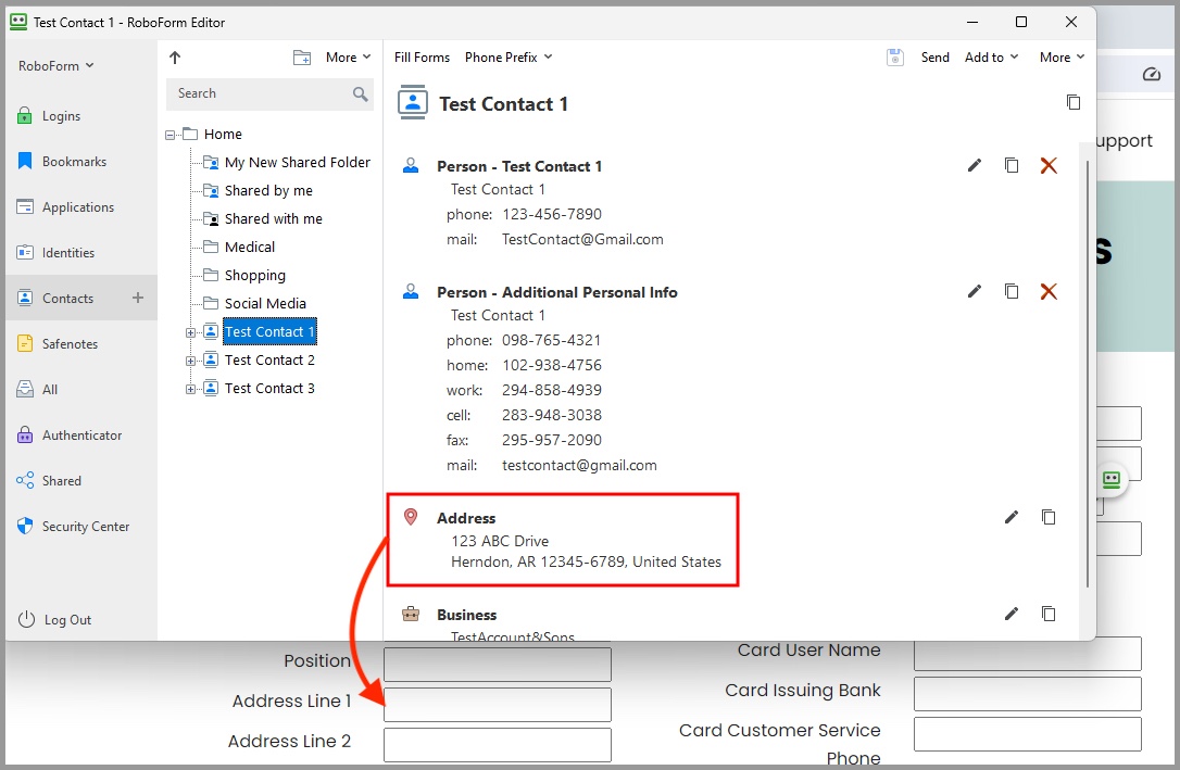 showing how to drag and drop information from a Contact into a form.