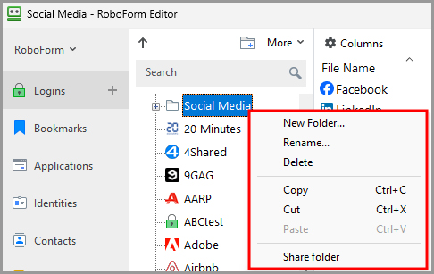 the available options for a folder in the RoboForm editor.