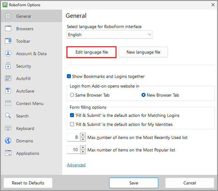 showing the option to edit a language file in the General tab on the RoboForm options page.