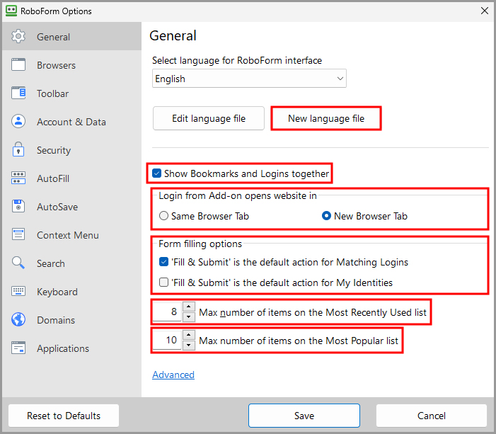 showing the various other options in the General tab on the RoboForm options page.