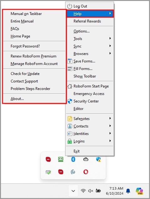 the Help menu in the RoboForm taskbar icon’s menu