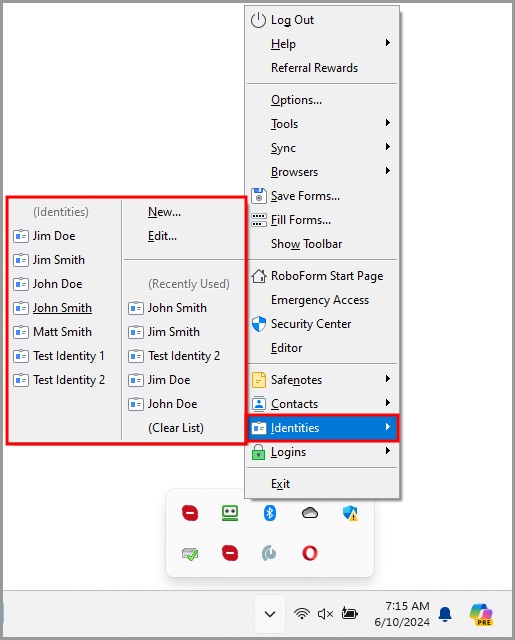 the Identities menu in the RoboForm taskbar icon’s menu.