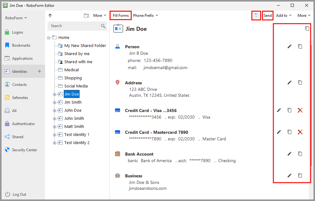 options for an Identity in the RoboForm editor.