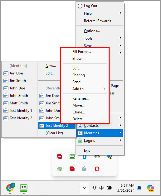 the available options for an Identity in the RoboForm taskbar icon’s menu.