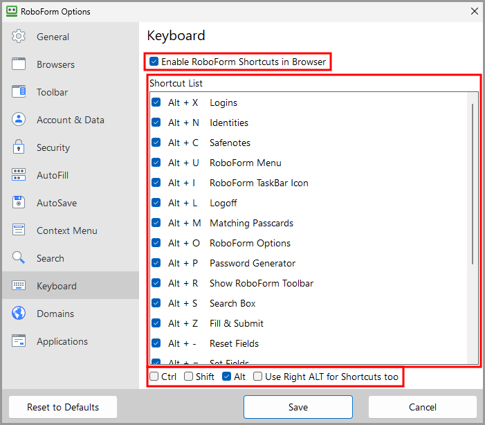 the Keyboard tab in RoboForm Options.