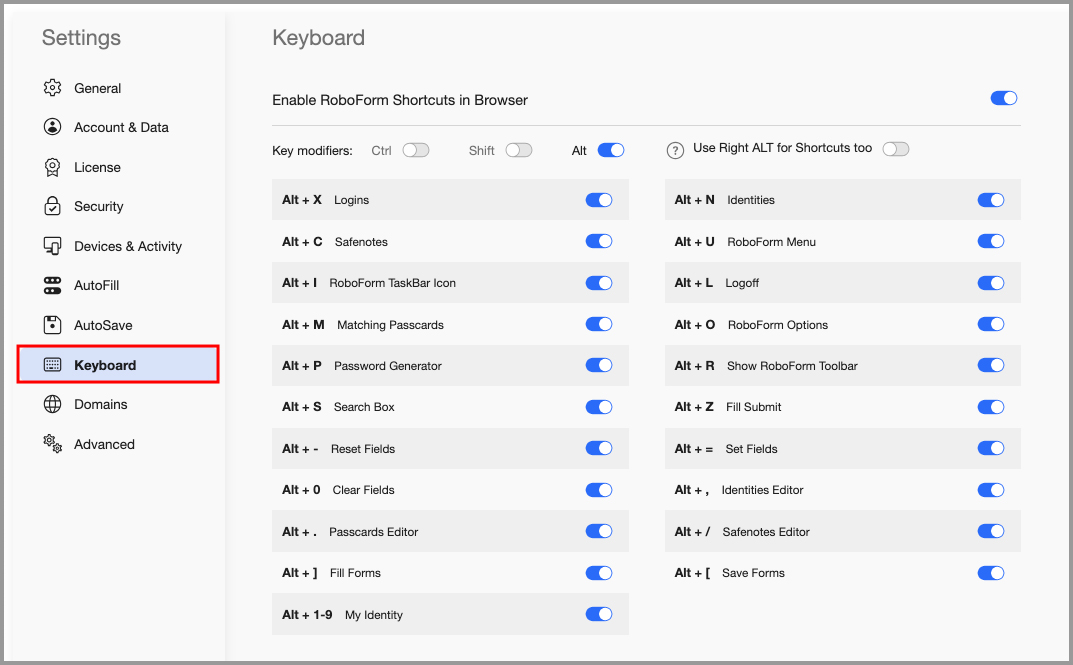 the Keyboard tab in the RoboForm Extension Settings menu.