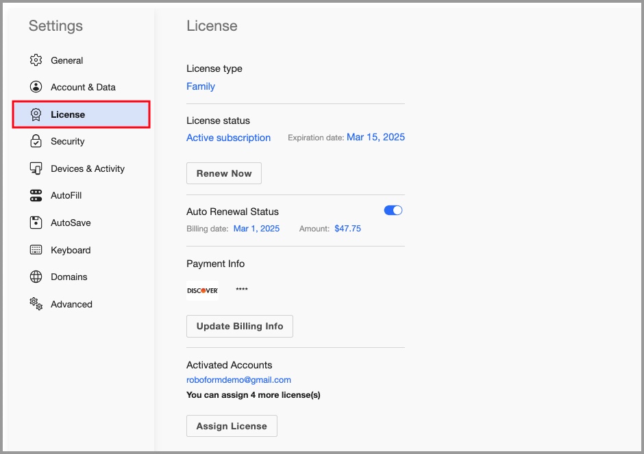 the License tab in the RoboForm Extension Settings menu.