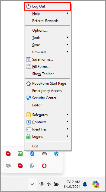  the Log Out option in the RoboForm taskbar icon’s menu.