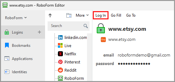 the log in button in the RoboForm editor.