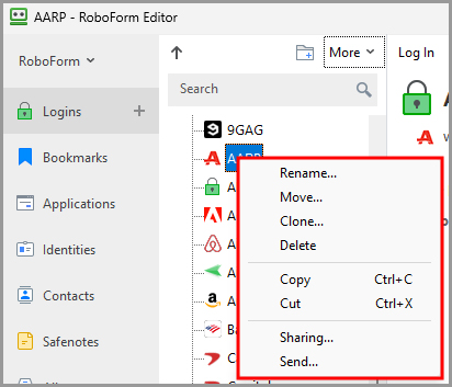 the available options for a data item in the RoboForm editor