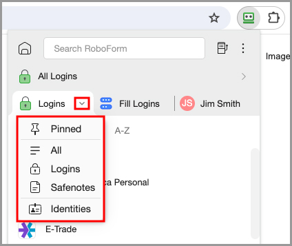 the different tabs in the RoboForm extension