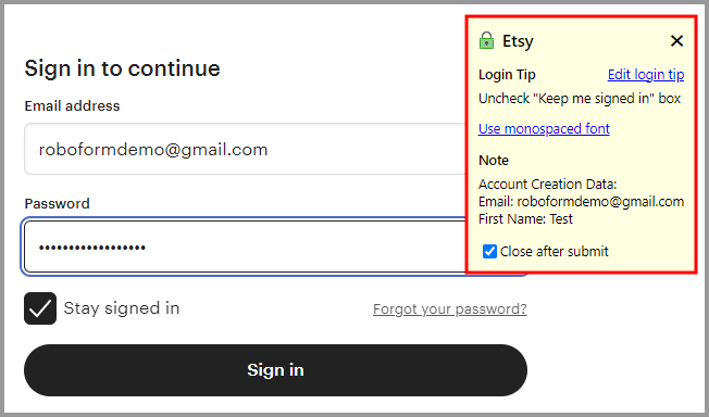 a Login tip being used.