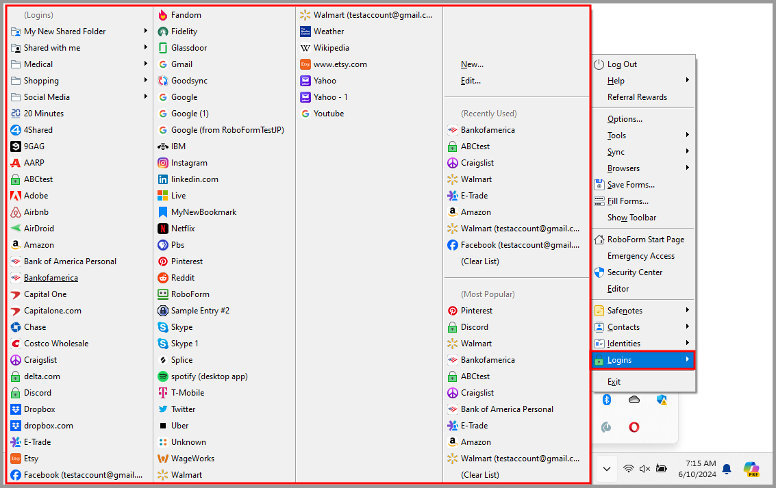 the Logins menu in the RoboForm taskbar icon’s menu.