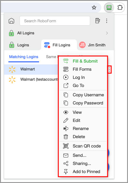 the available options for an item in the Fill Logins tab.