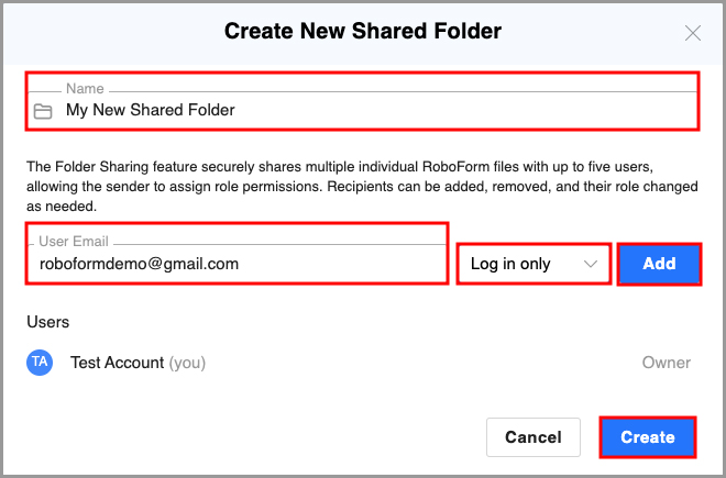 showing the Create New Shared Folder window on the Start Page.