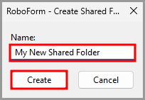 showing the created shared folder window in the RoboForm editor.