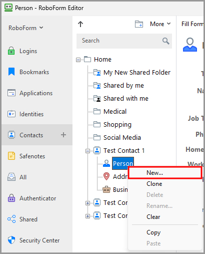 how to create a new Contact Element in the RoboForm editor.