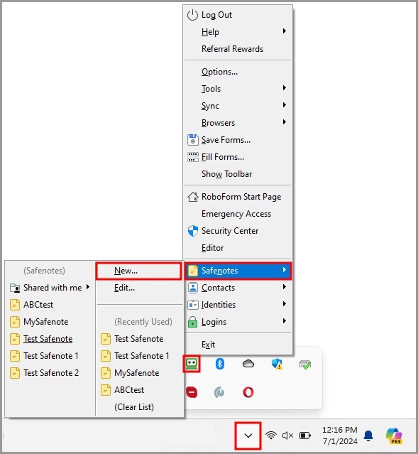  the New Safenote button in RoboForm desktop.