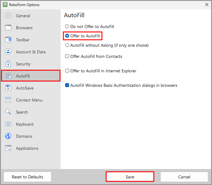  the offer to autofill option in the options menu on RoboForm desktop.