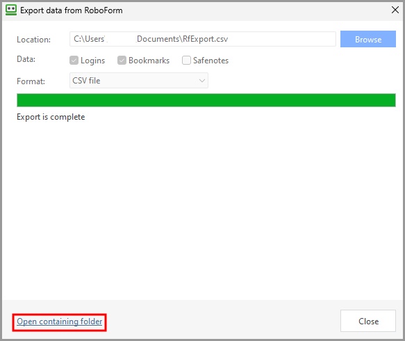 the Open containing folder button on the Export data from RoboForm window.