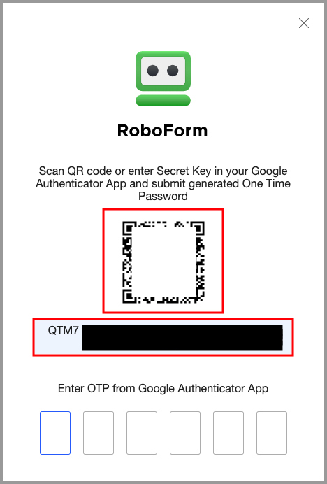 the QR code and Secret key.