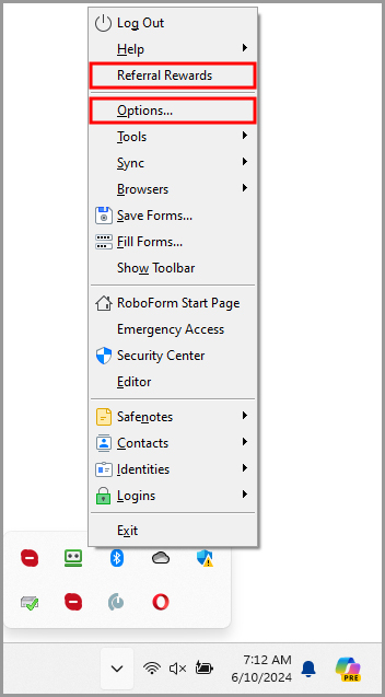 Referral Rewards and Options in the RoboForm taskbar icon’s menu.
