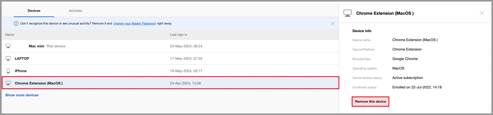 the Authorized Devices section in the Devices & Activity tab in the RoboForm Extension Settings menu.