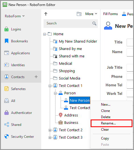 showing how to rename a new Contact Element in the RoboForm editor.