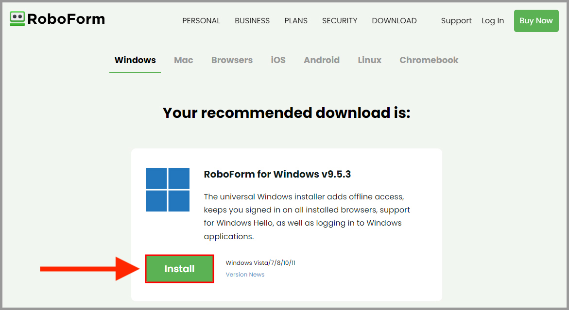 Showing the download button for installing on windows OS.