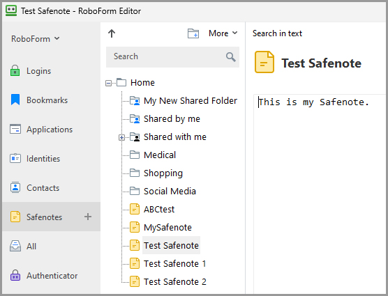 a Safenote in the RoboForm editor.